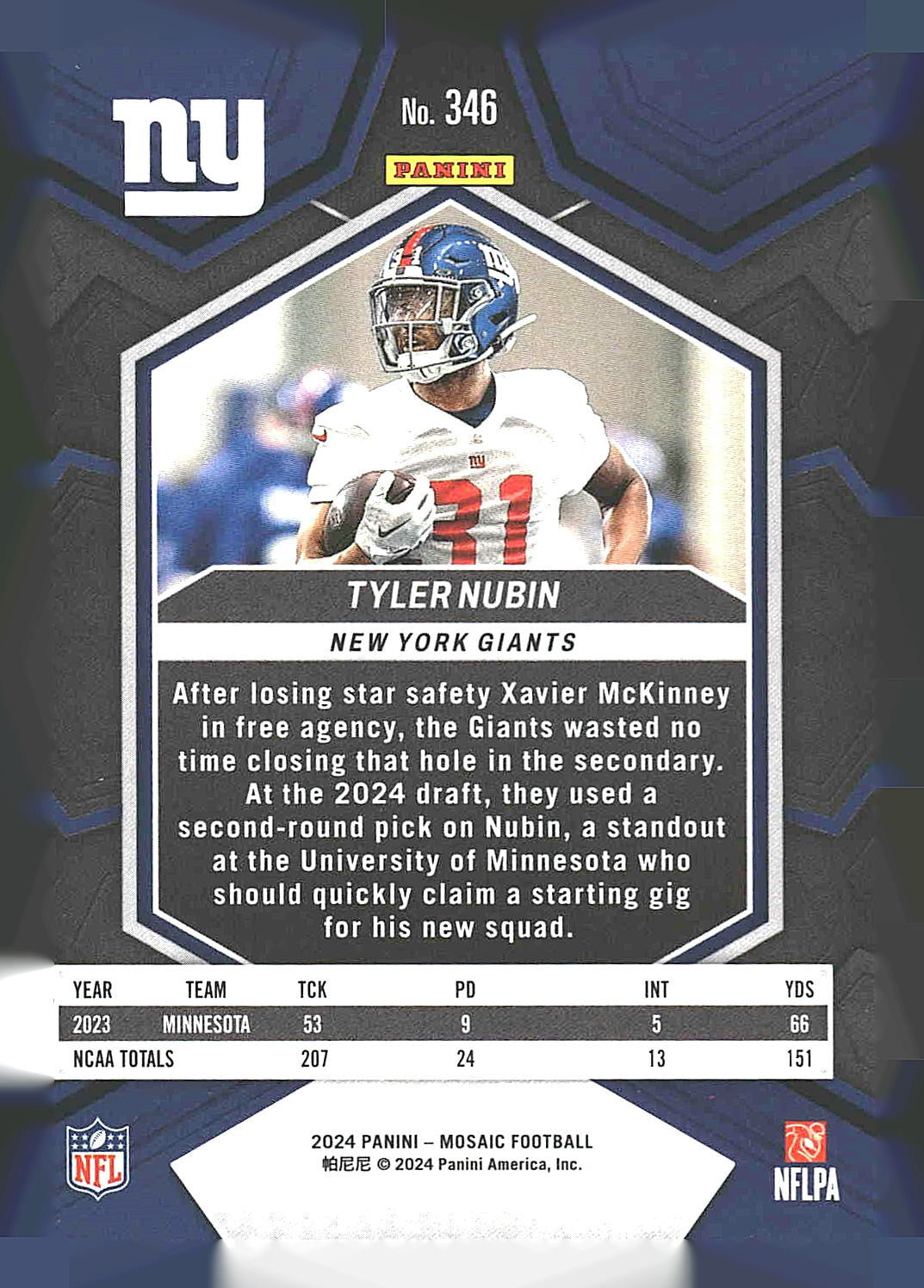 2024 Panini Mosaic #346 Tyler Nubin