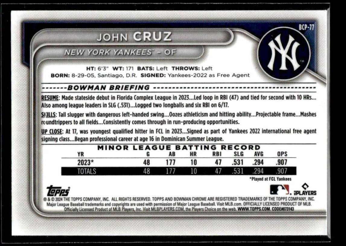 2024 Bowman #BCP-77 John Cruz Chrome Prospects