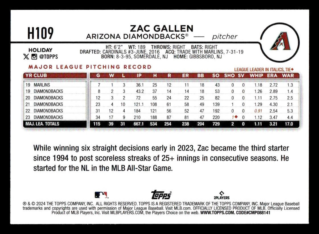 2024 Topps Holiday #H109 Zac Gallen