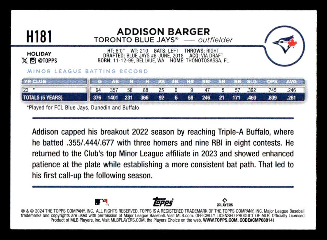 2024 Topps Holiday #H181 Addison Barger