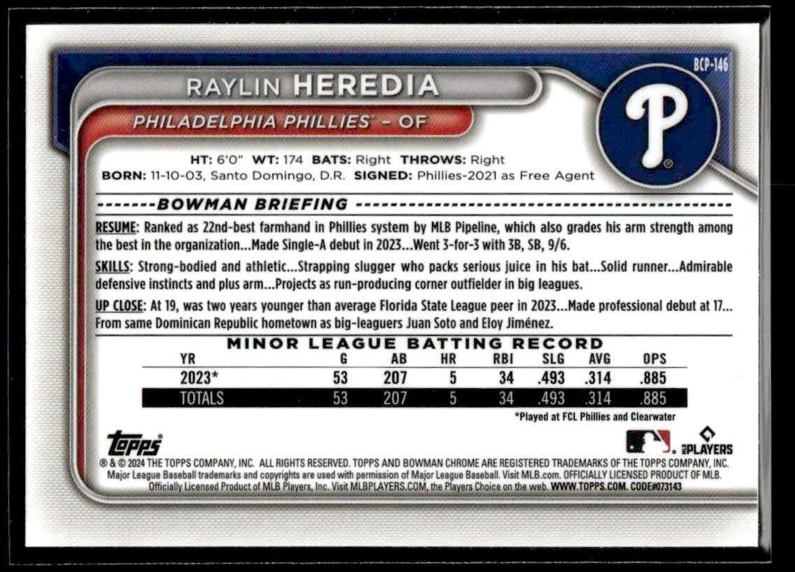 2024 Bowman #BCP-146 Raylin Heredia Chrome Prospects