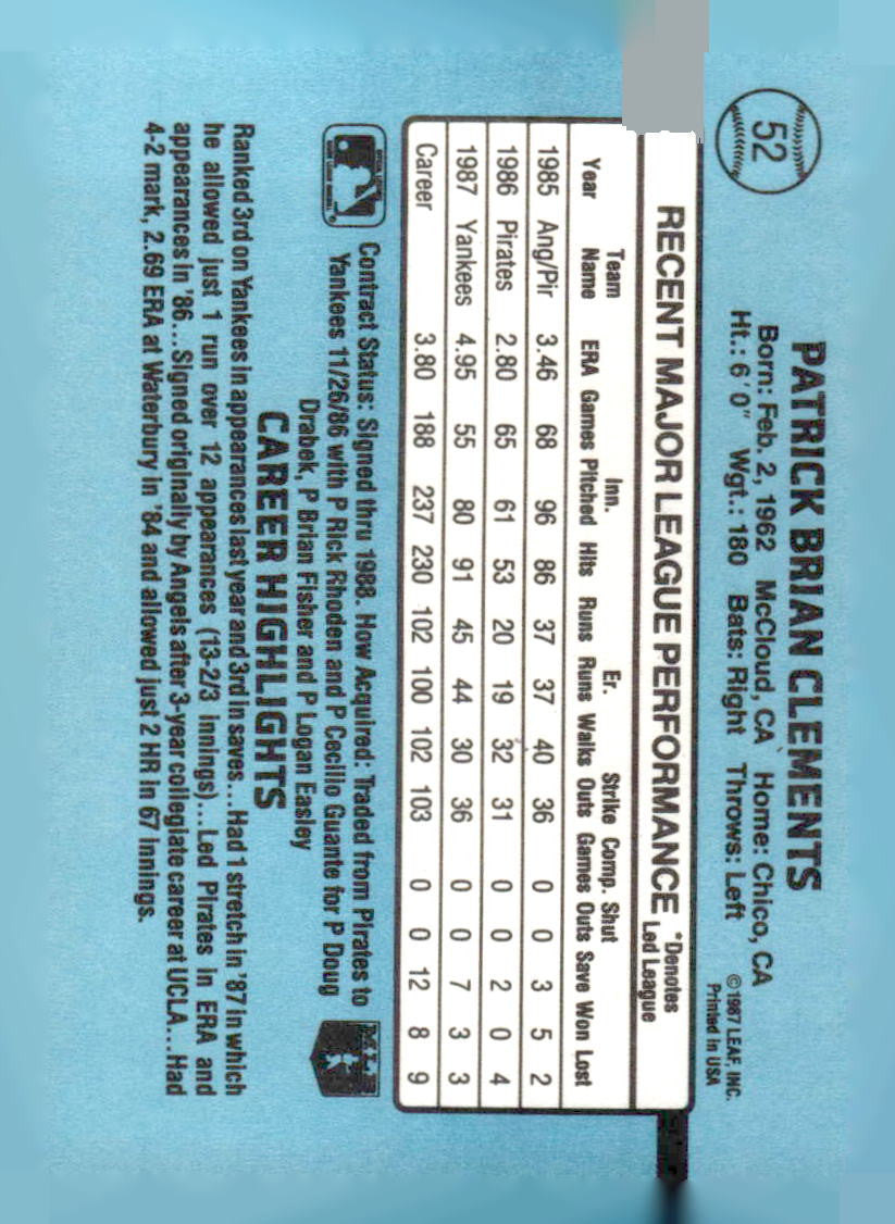 1988 Donruss #52b Pat Clements
