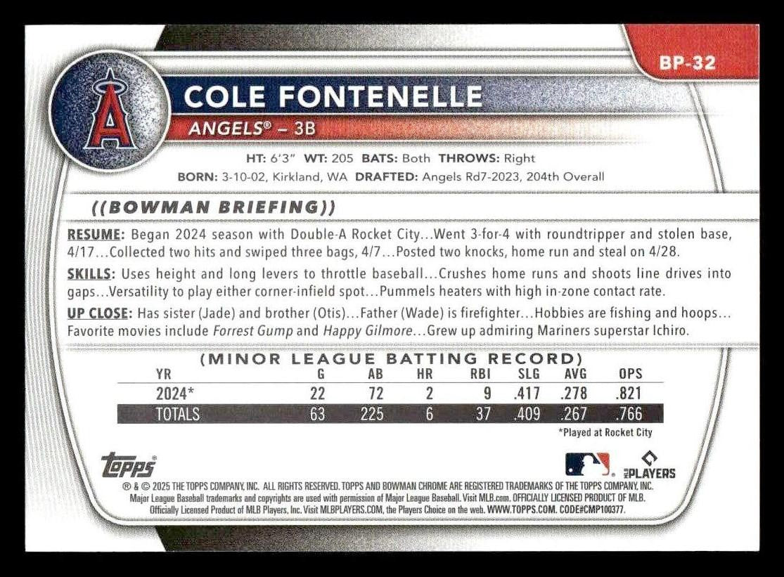 2025 Bowman #BP-32 Cole Fontenelle Prospects