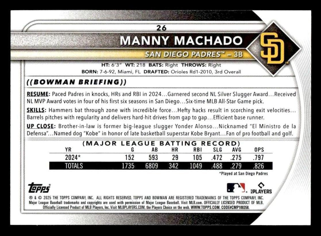 2025 Bowman #26 Manny Machado