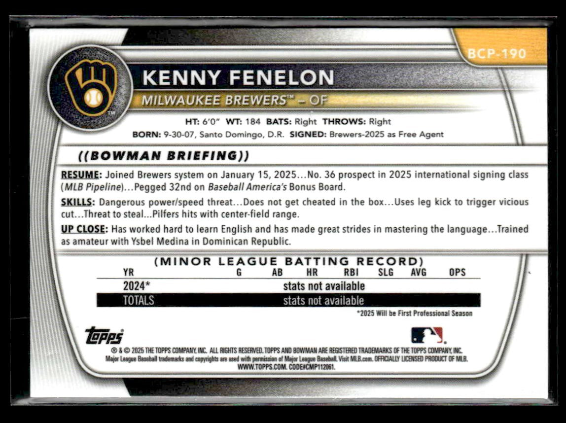 2025 Bowman Chrome #BCP-190 Kenny Fenelon