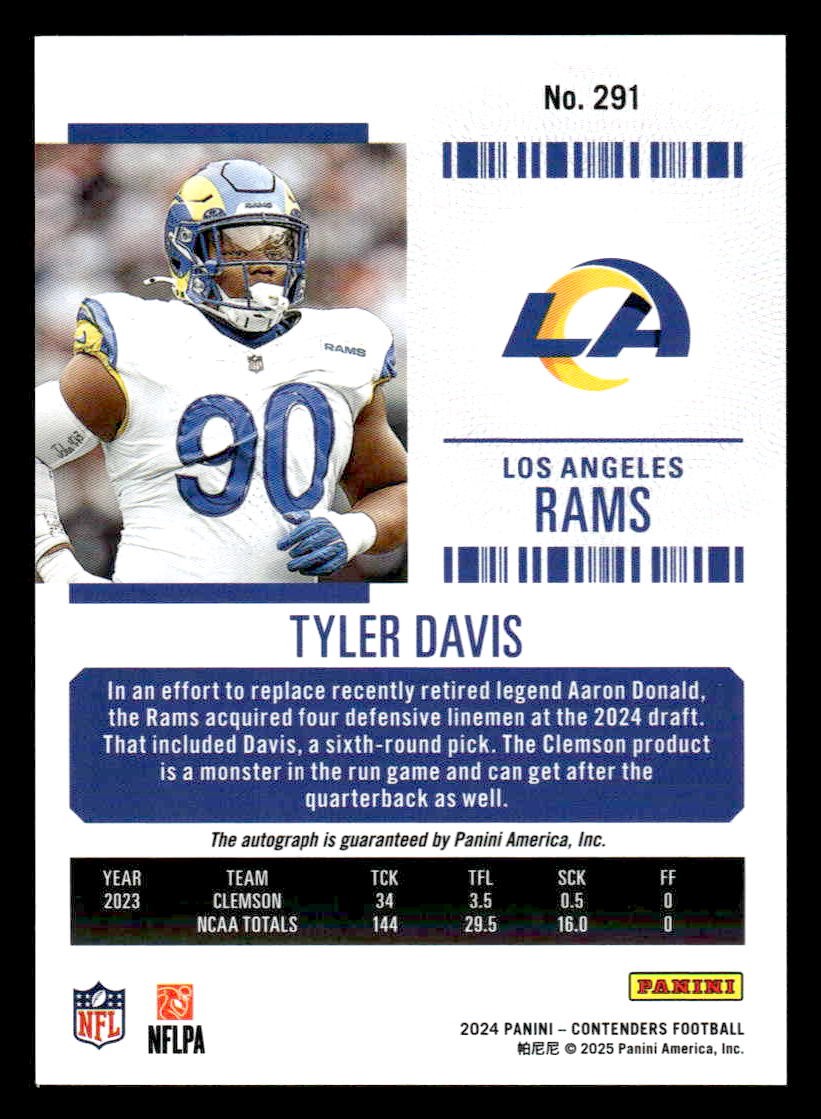 2024 Panini Contenders Football #291 Tyler Davis Rookie Ticket Signatures
