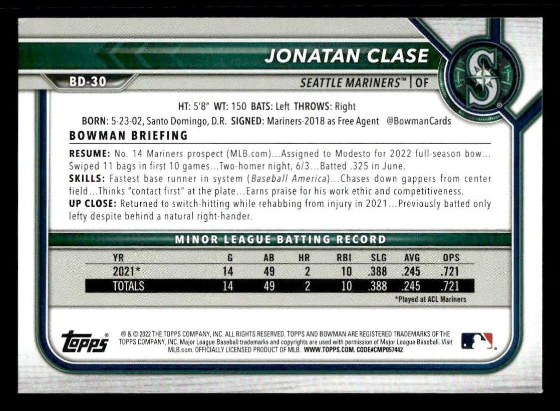 2022 Bowman Draft 1st Edition #BD-30 Jonatan Clase