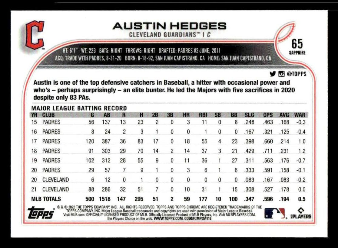 2022 Topps Chrome Sapphire Edition #65 Austin Hedges