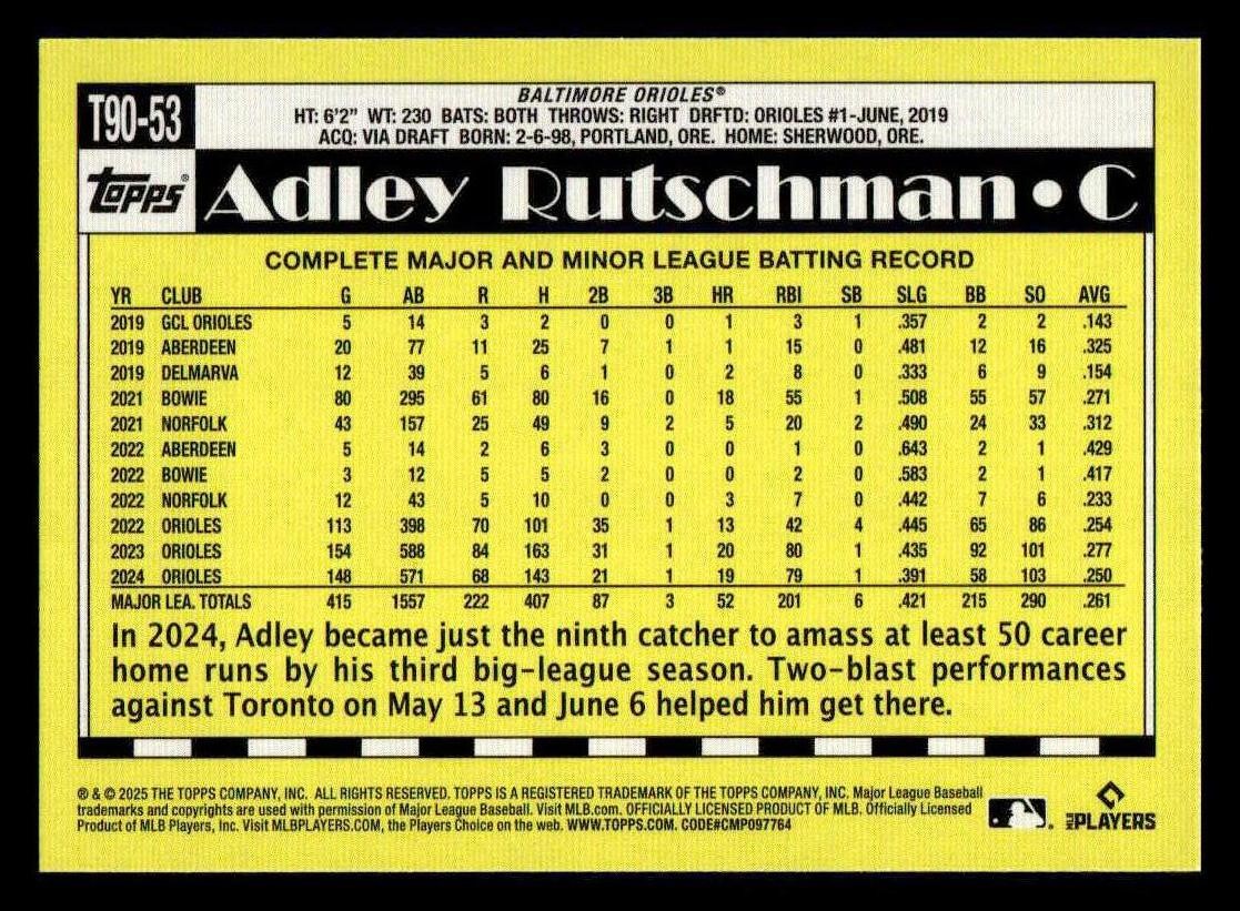 2025 Topps #T90-53 Adley Rutschman 1990 Topps Baseball 35th Anniversary