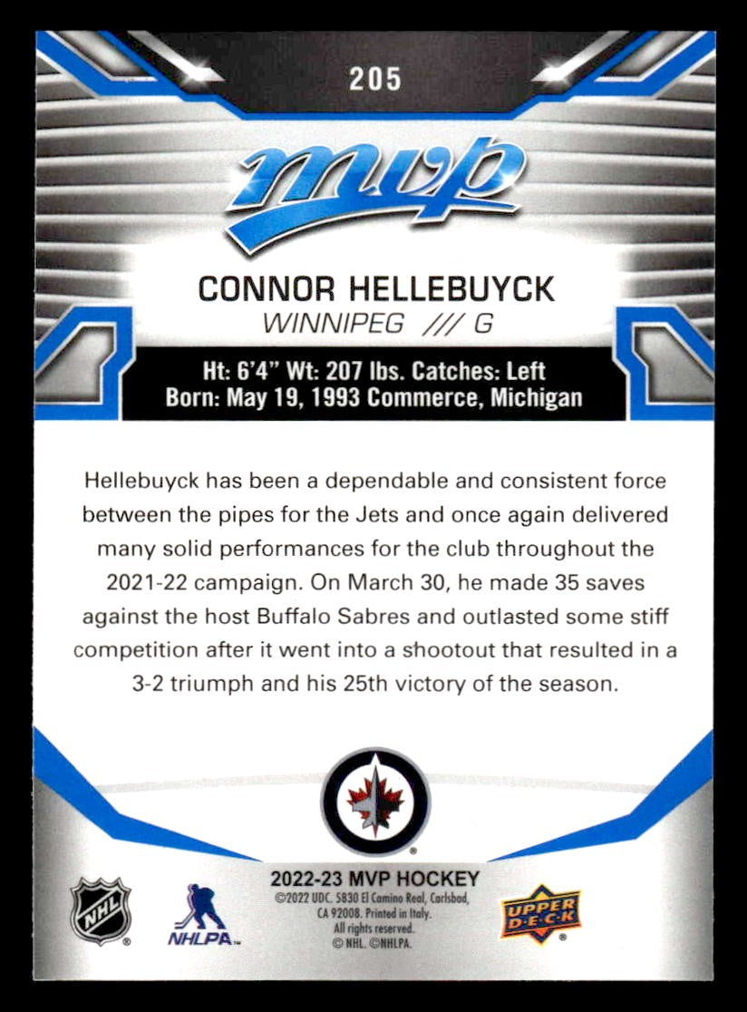 2022-23 Upper Deck MVP #205 Connor Hellebuyck Blue Script