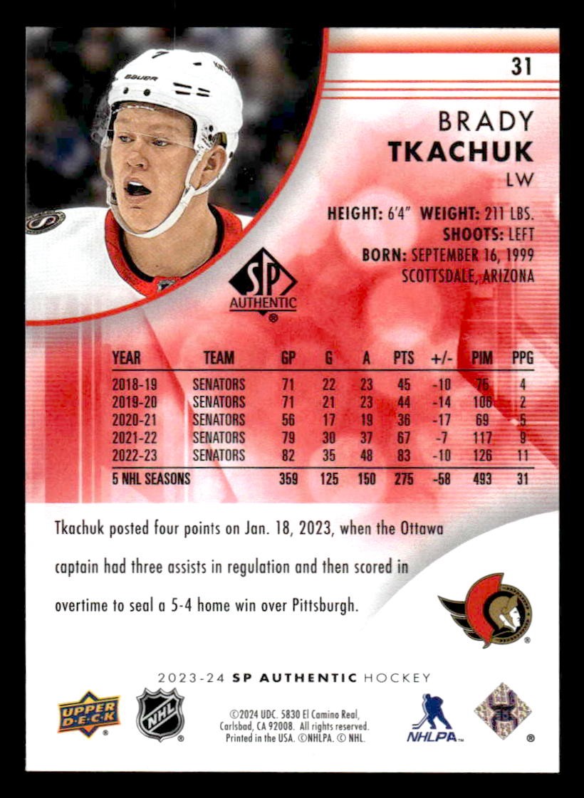 2023-24 SP Authentic #31 Brady Tkachuk Limited Red