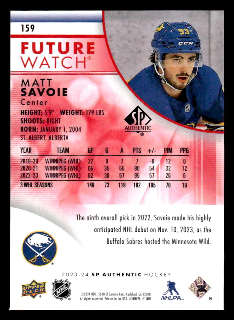 2023-24 SP Authentic #159 Matt Savoie Limited Red