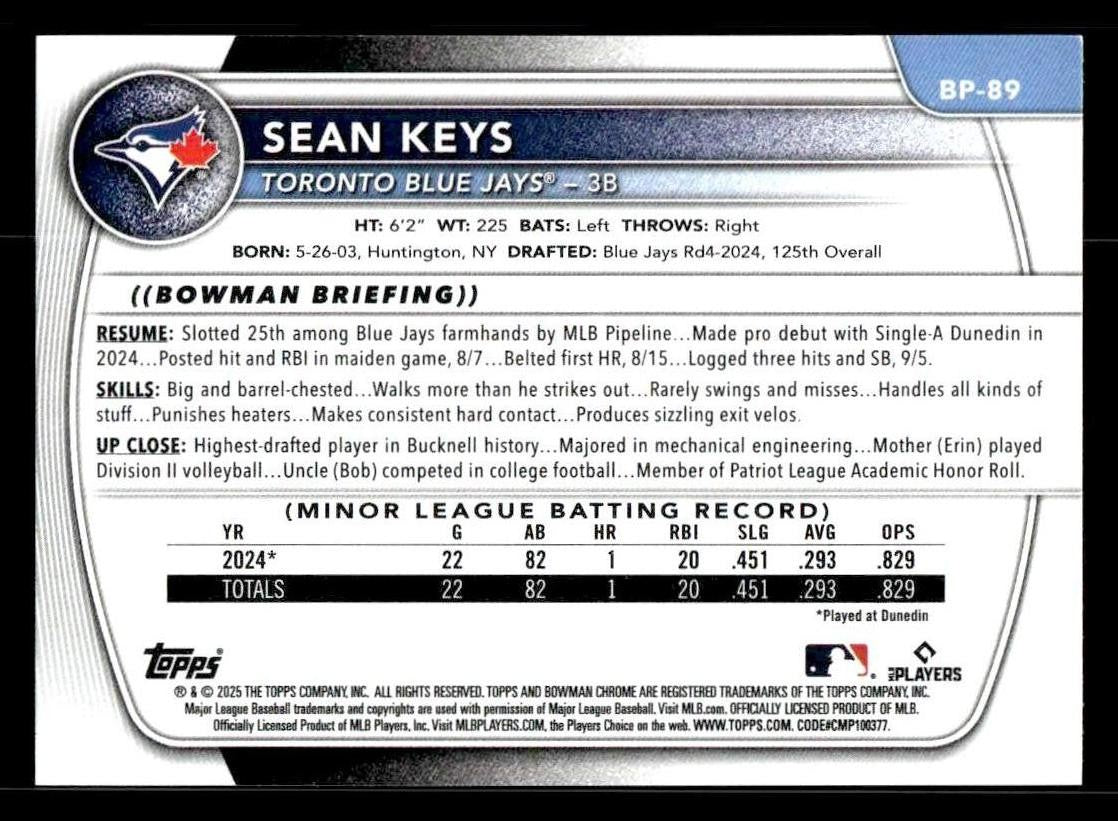 2025 Bowman #BP-89 Sean Keys Prospects
