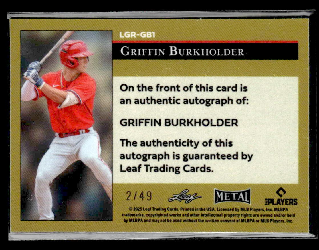 2025 Leaf Metal #LGR-GB1 Griffin Burkholder 1992 Gold Leaf Rookies Silver #/49