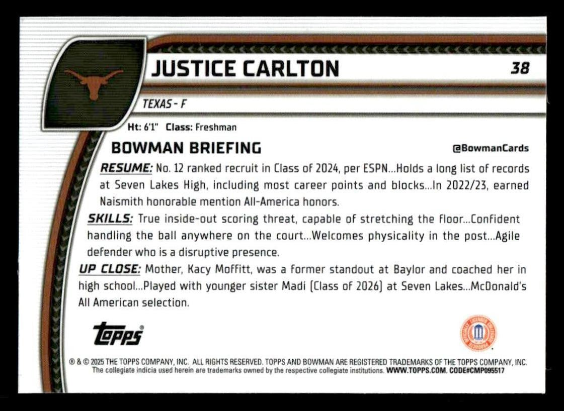 2024-25 Bowman University Chrome #38 Justice Carlton