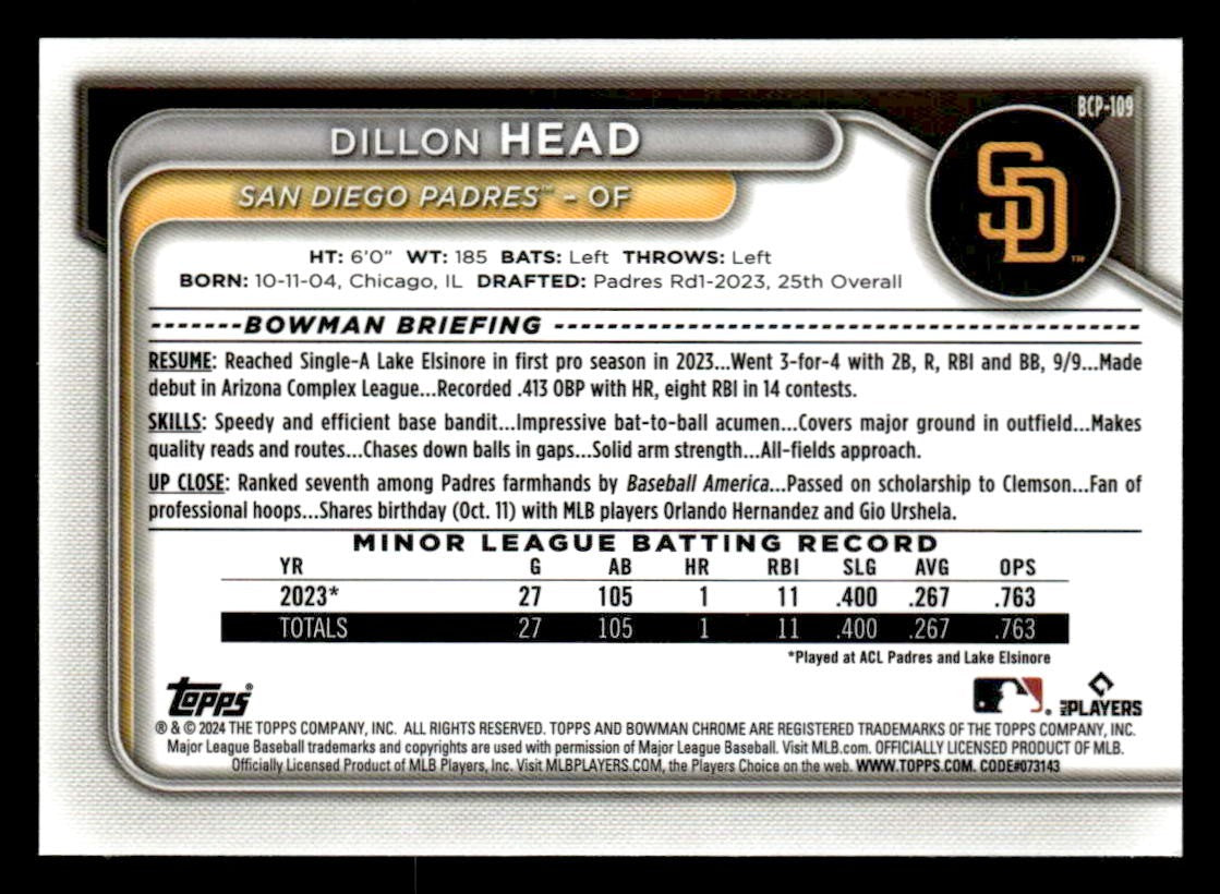 2024 Bowman #BCP-109 Dillon Head Chrome Prospects