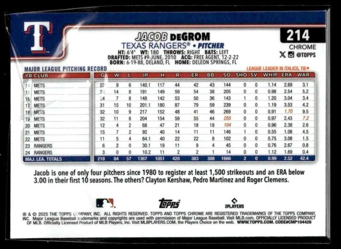 2025 Topps Chrome #214 Jacob deGrom Raywave Refractors