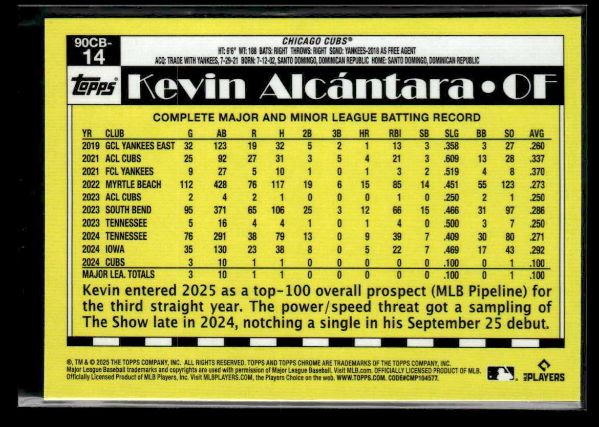 2025 Topps Chrome #90CB-14 Kevin Alcantara 1990 Topps Baseball 35th Anniversary