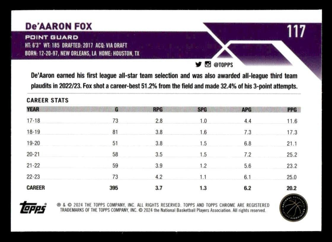 2023-24 Topps Chrome #117 De'Aaron Fox