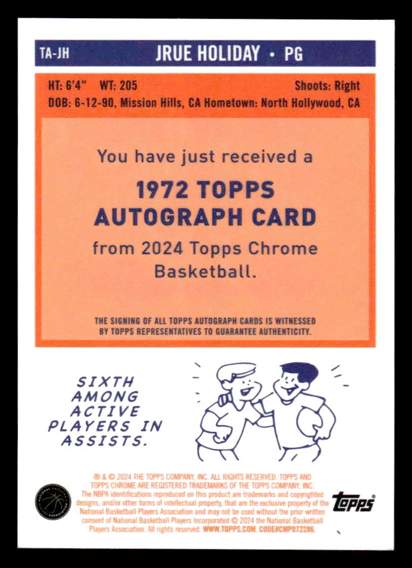 2023-24 Topps Chrome Sapphire #TA-JH Jrue Holiday 1972 Autos Orange #/25