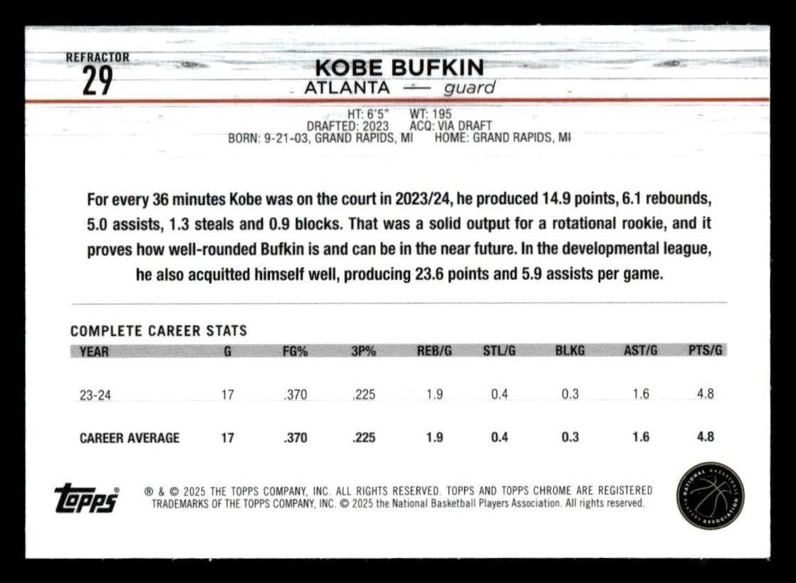 2024-25 Topps Chrome #29 Kobe Bufkin Refractor