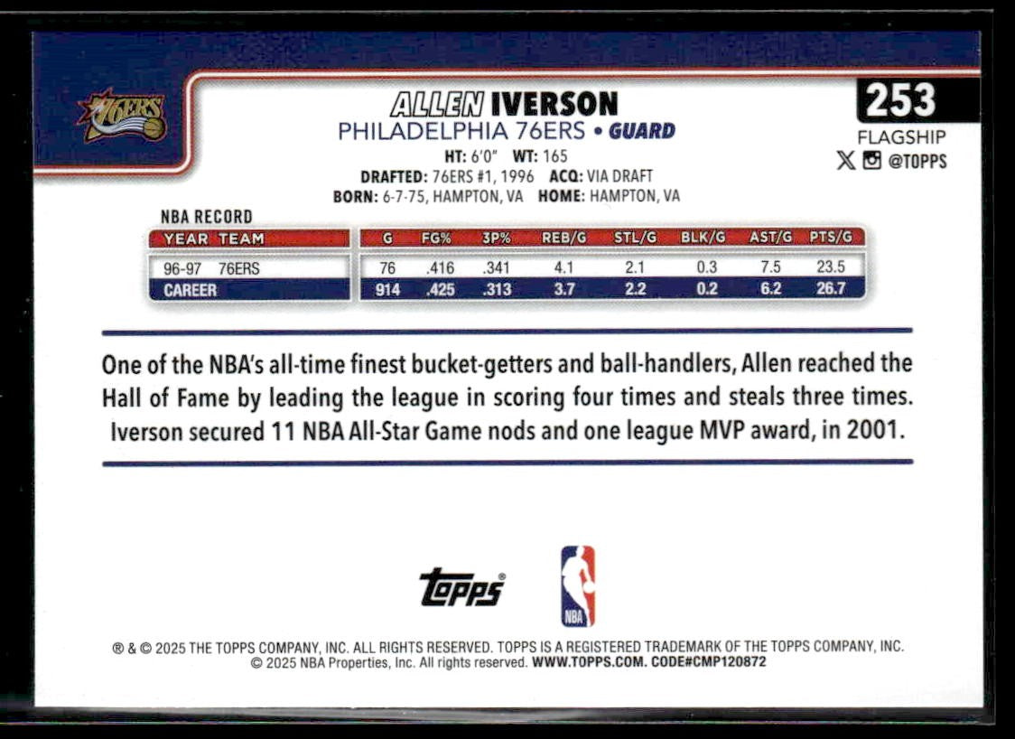 2025-26 Topps #253 Allen Iverson Blue Holo Foil #/150