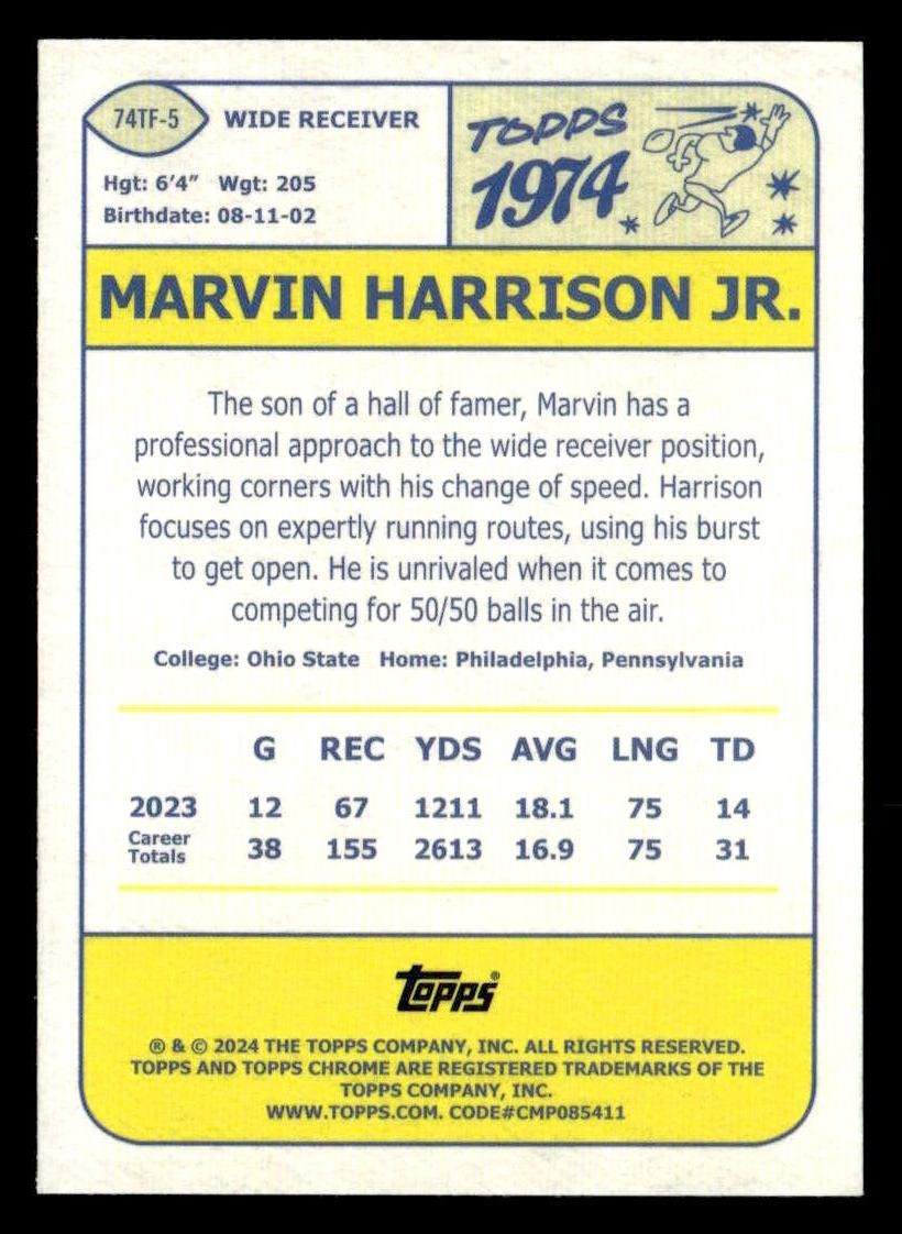 2024 Topps Chrome #74TF-5 Marvin Harrison Jr. 1974 Topps Football