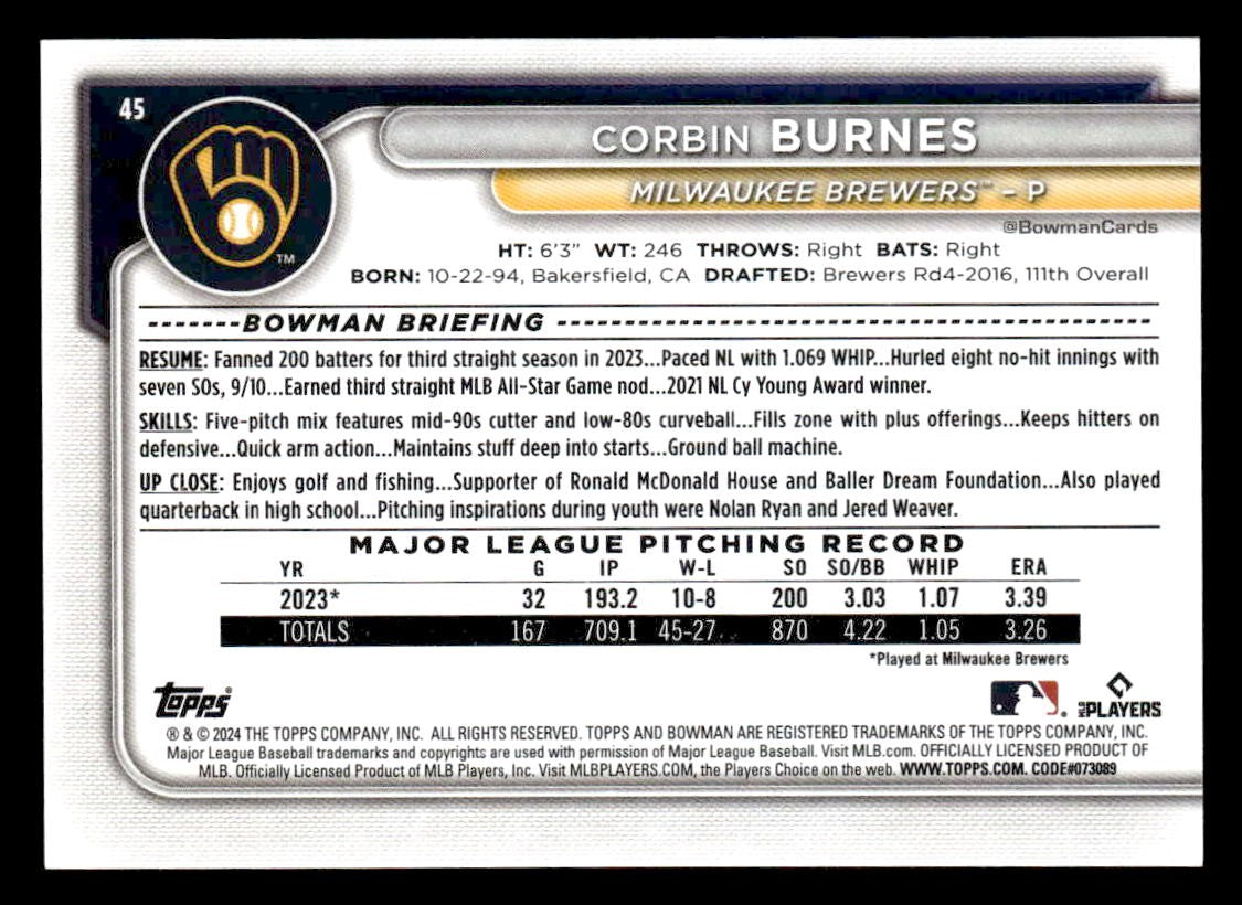 2024 Bowman #45 Corbin Burnes