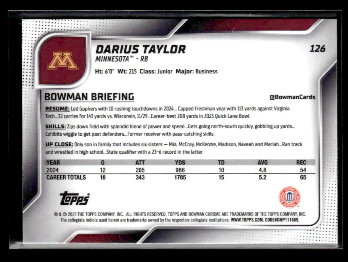 2025 Bowman University Chrome #126 Darius Taylor