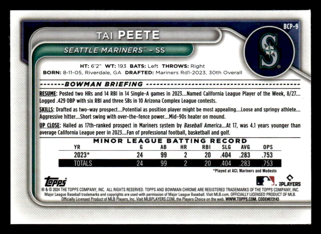 2024 Bowman #BCP-9 Tai Peete Chrome Prospects