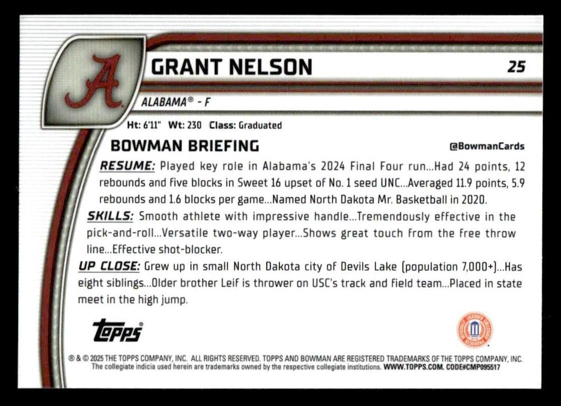 2024-25 Bowman University Chrome #25 Grant Nelson