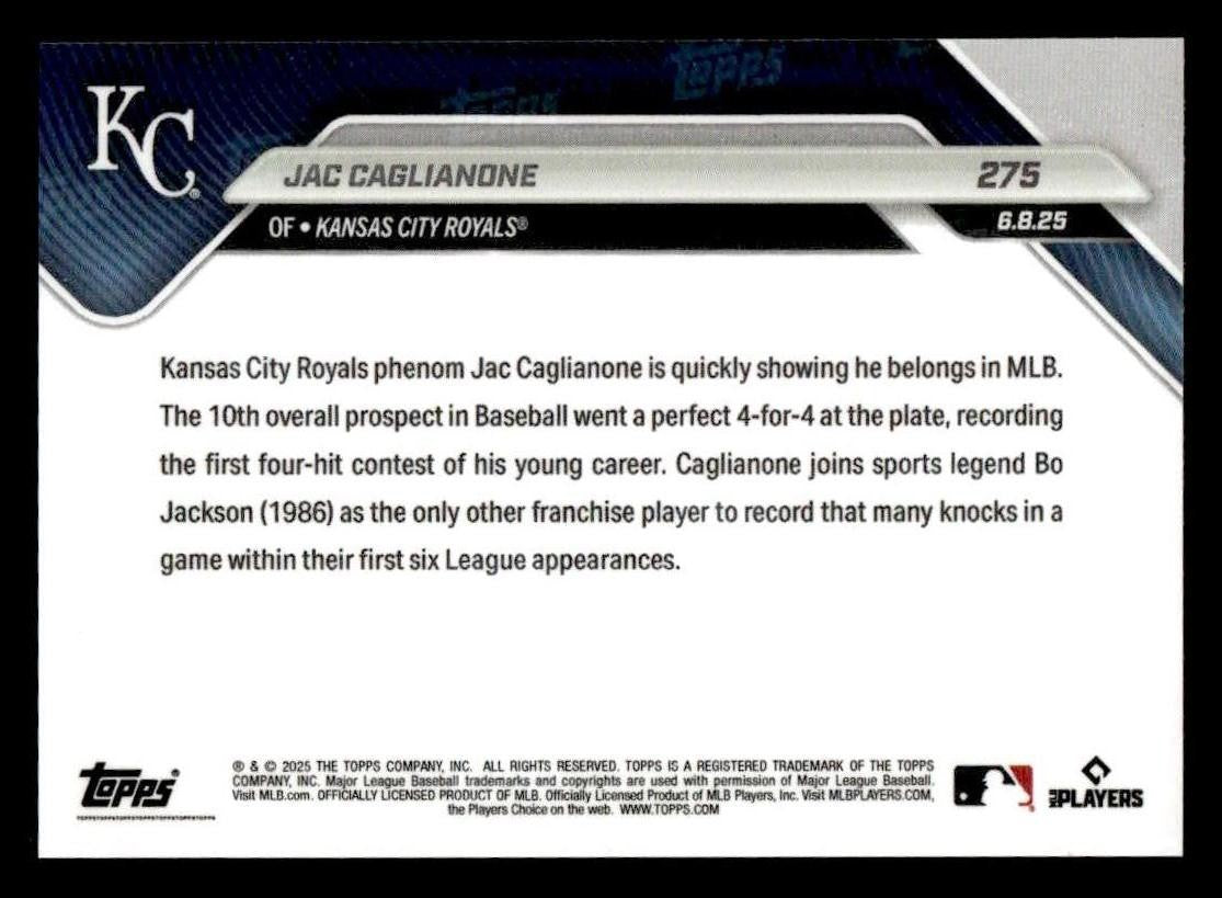 2025 Topps Now #275 Jac Caglianone 1st Career 4 Hit Game Makes Royals History