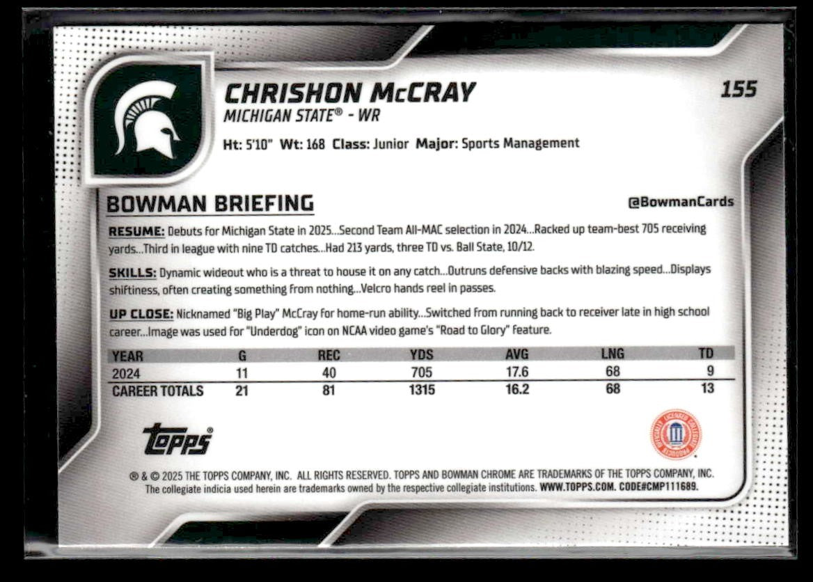2025 Bowman University Chrome #155 Chrishon McCray