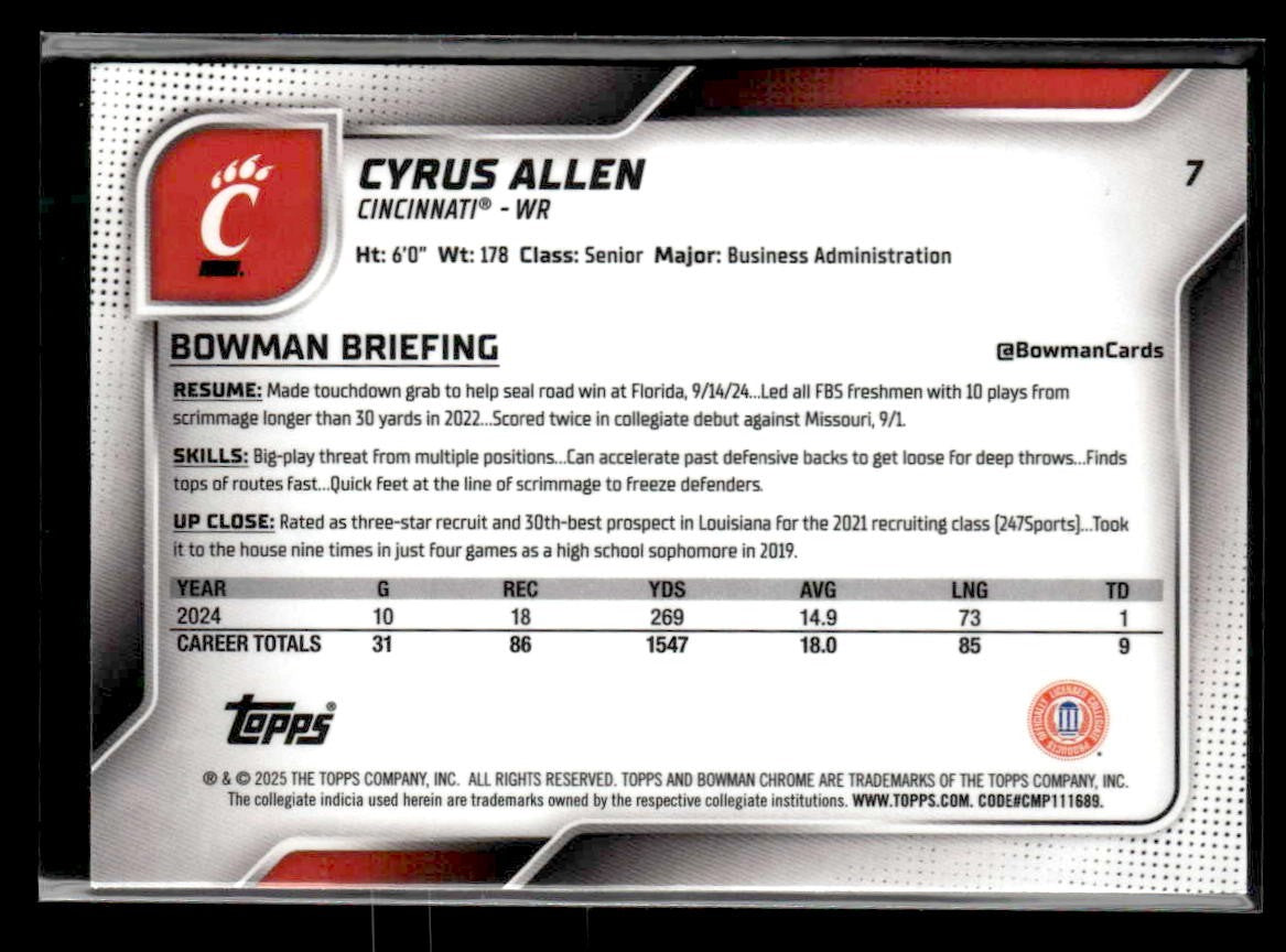 2025 Bowman University Chrome #7 Cyrus Allen