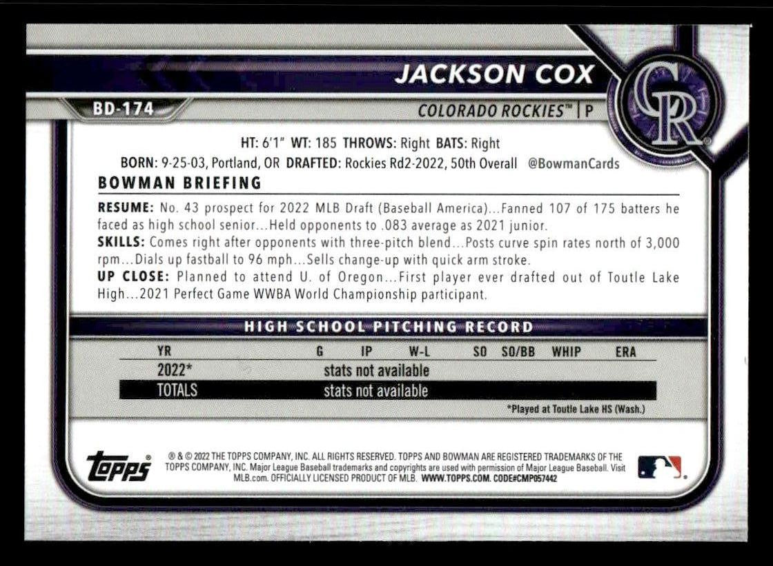 2022 Bowman Draft 1st Edition #BD-174 Jackson Cox Sky Blue