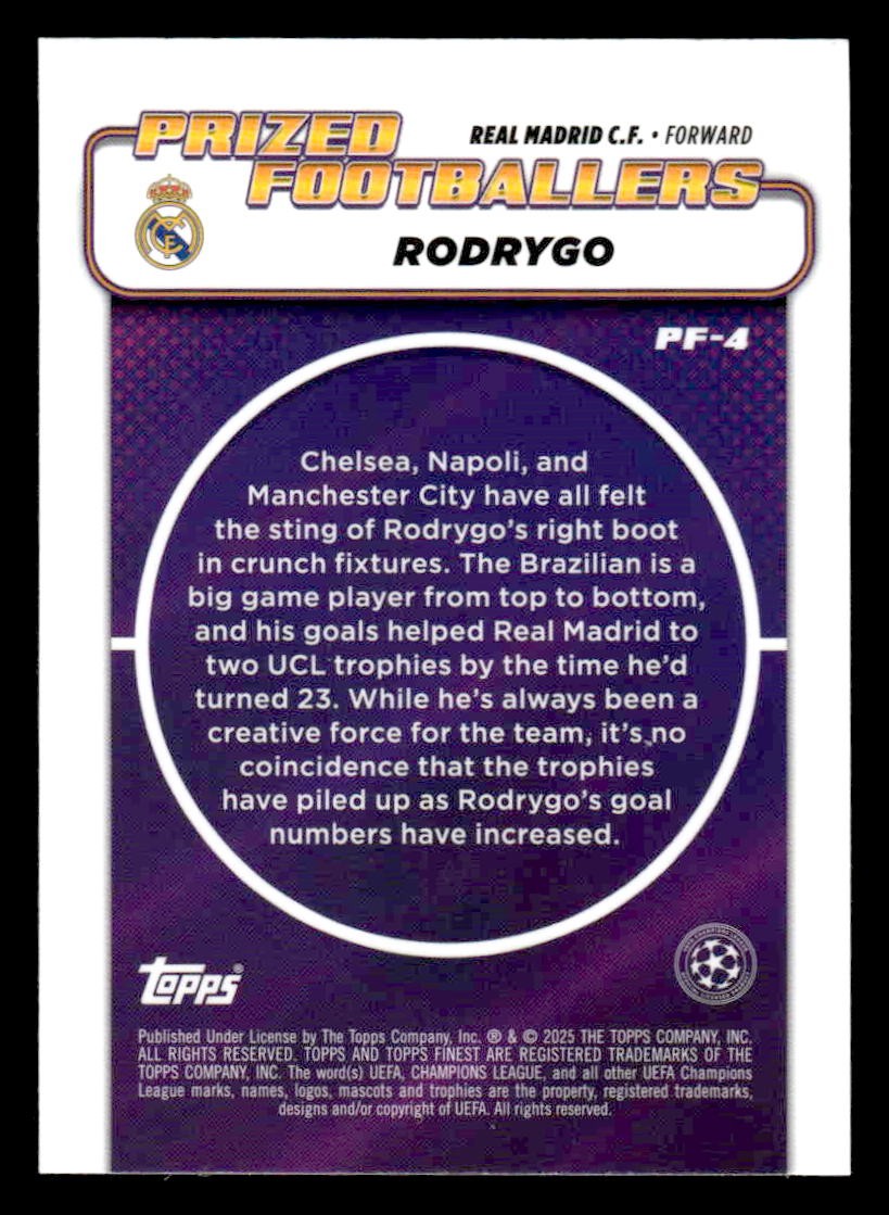2024-25 Topps Finest UEFA Club Comp #PF-4 Rodrygo Prized Footballers