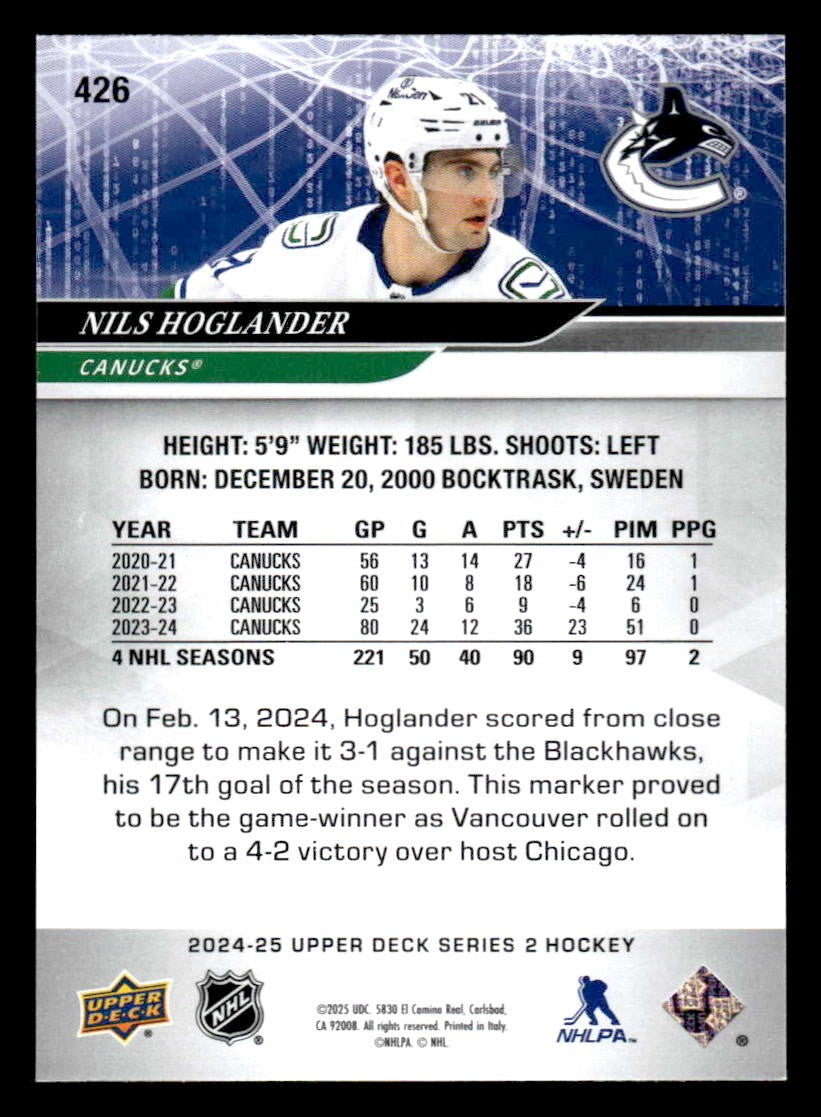2024-25 Upper Deck #426 Nils Hoglander