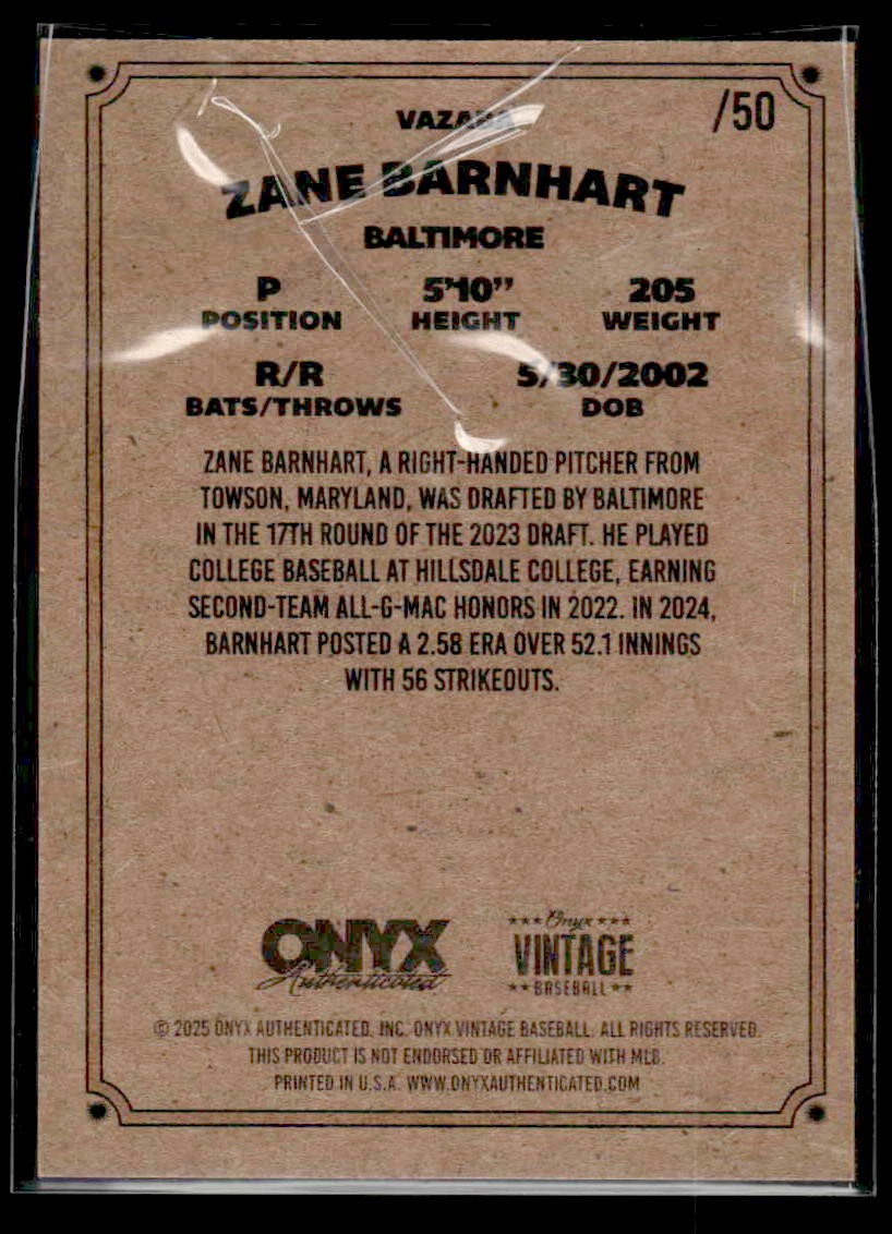 2025 Onyx Vintage #VAZABA Zane Barnhart Autographs Geen Ink #/50