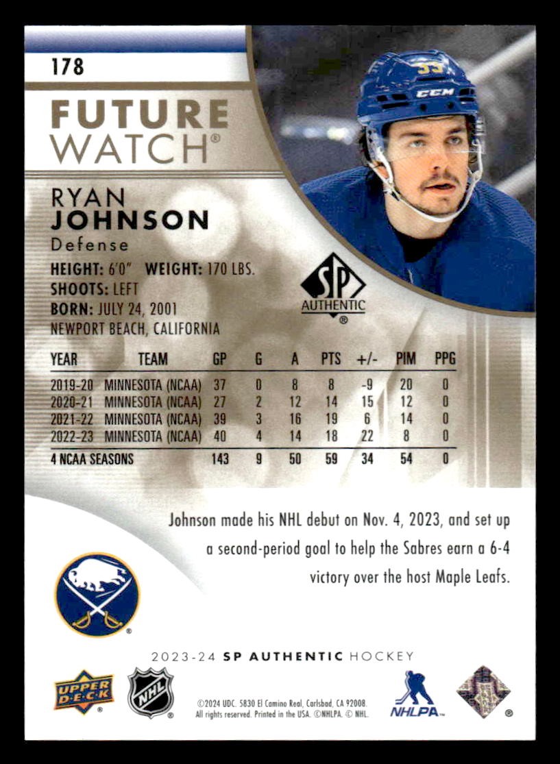 2023-24 SP Authentic #178 Ryan Johnson Limited Gold #/99
