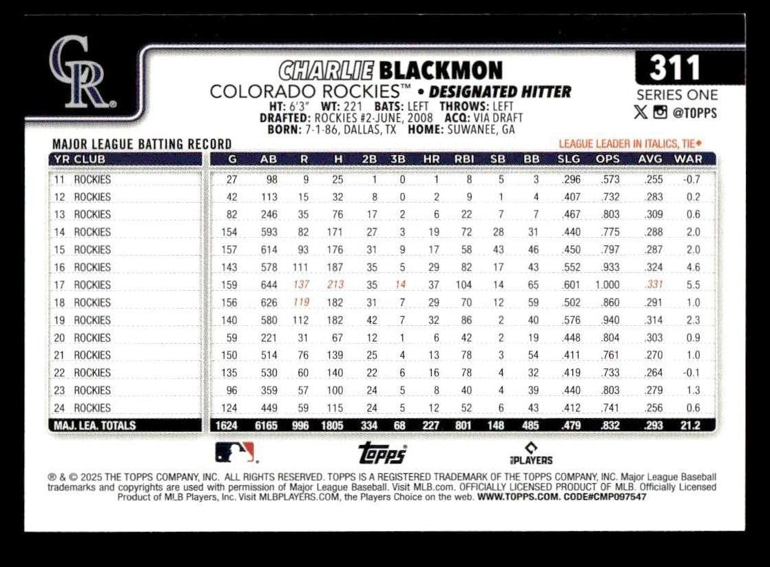 2025 Topps #311 Charlie Blackmon