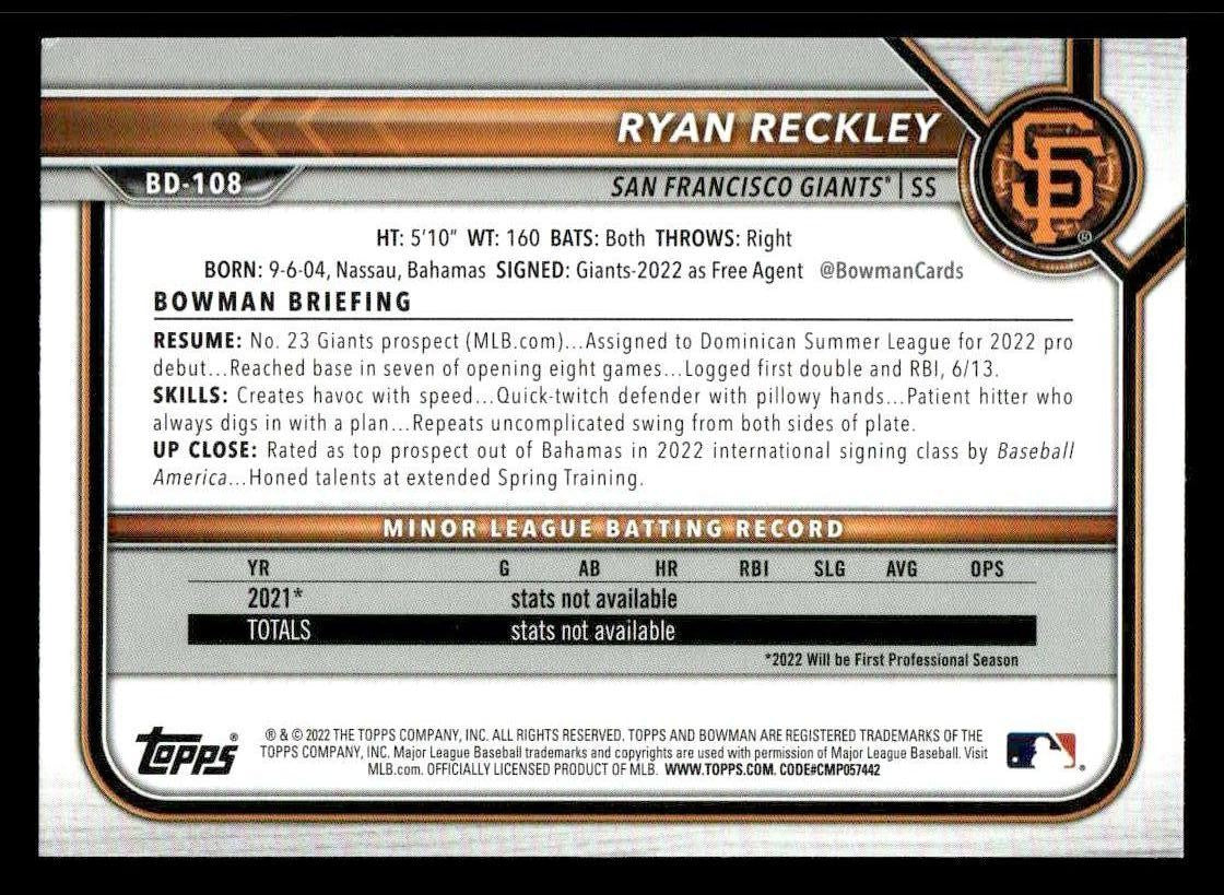 2022 Bowman Draft 1st Edition #BD-108 Ryan Reckley