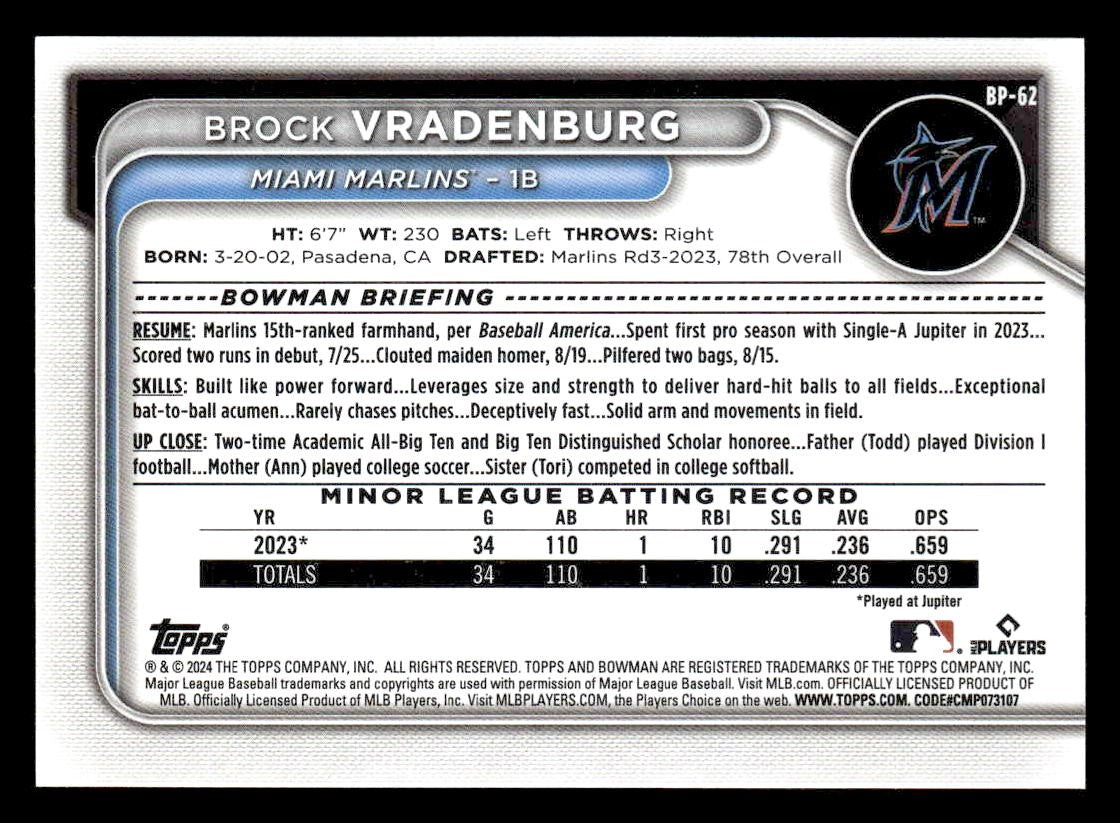2024 Bowman #BP-62 Brock Vradenburg Prospects