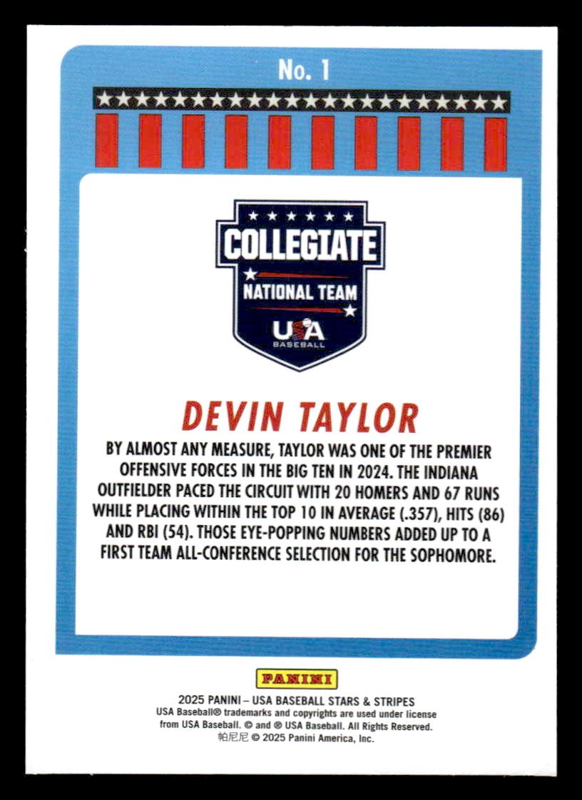 2025 Panini Stars and Stripes USA Baseball #1 Devin Taylor