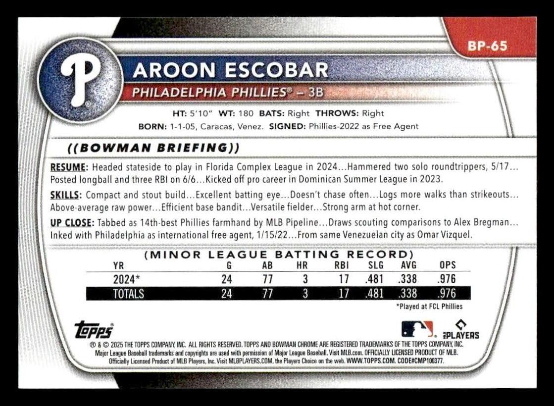 2025 Bowman #BP-65 Aroon Escobar Prospects