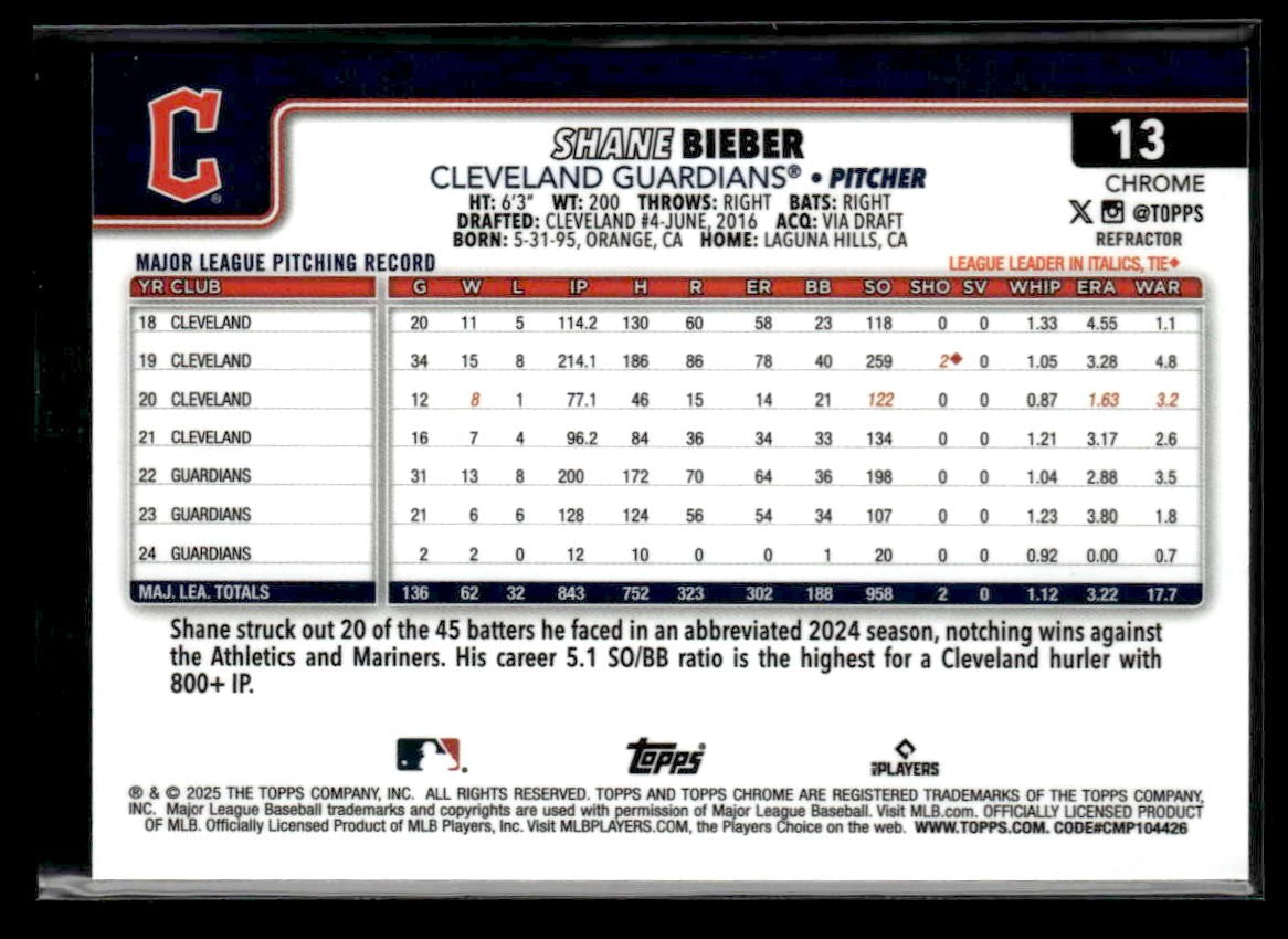 2025 Topps Chrome #13 Shane Bieber Refractors