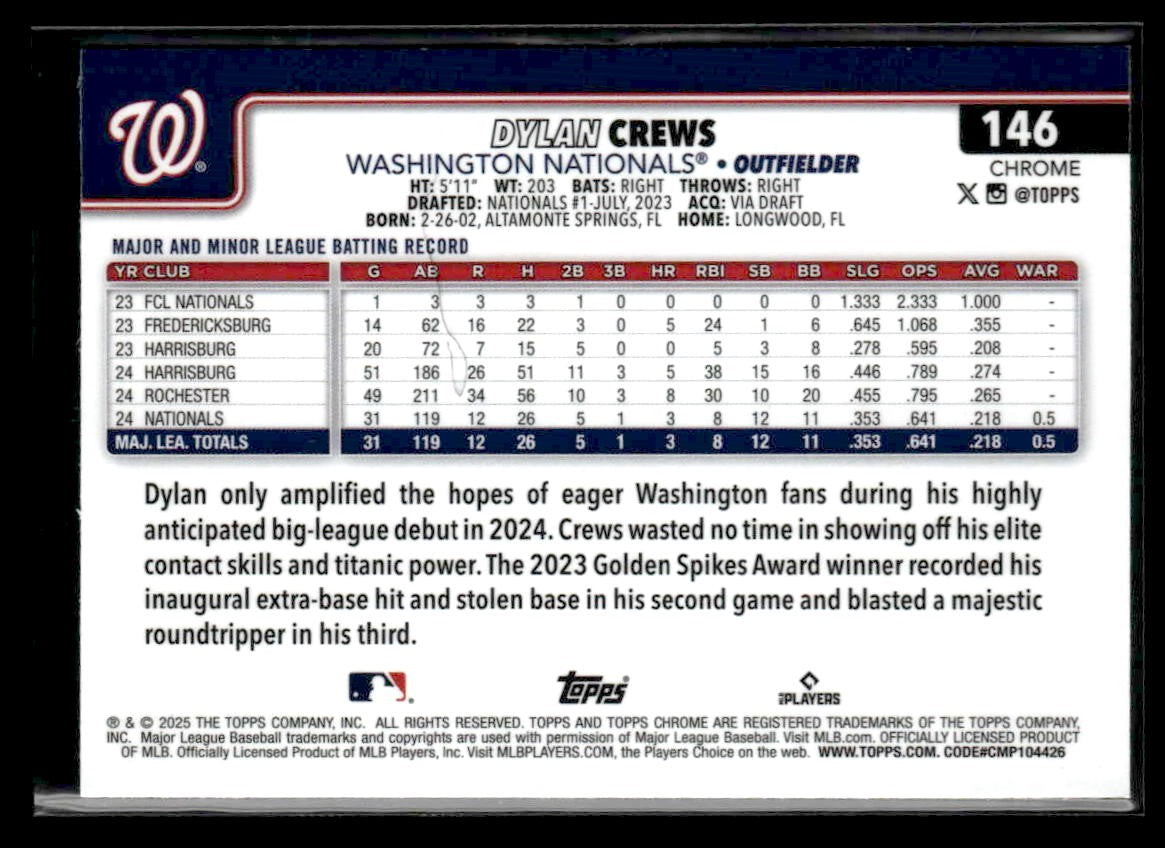 2025 Topps Chrome #146 Dylan Crews Prism Refractors
