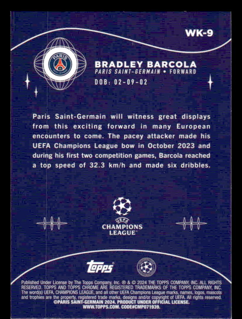 2023-24 Topps Chrome UEFA Club Competitions #WK-9 Bradley Barcola Wonderkids