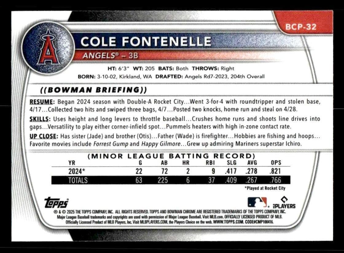 2025 Bowman #BCP-32 Cole Fontenelle Chrome Prospects