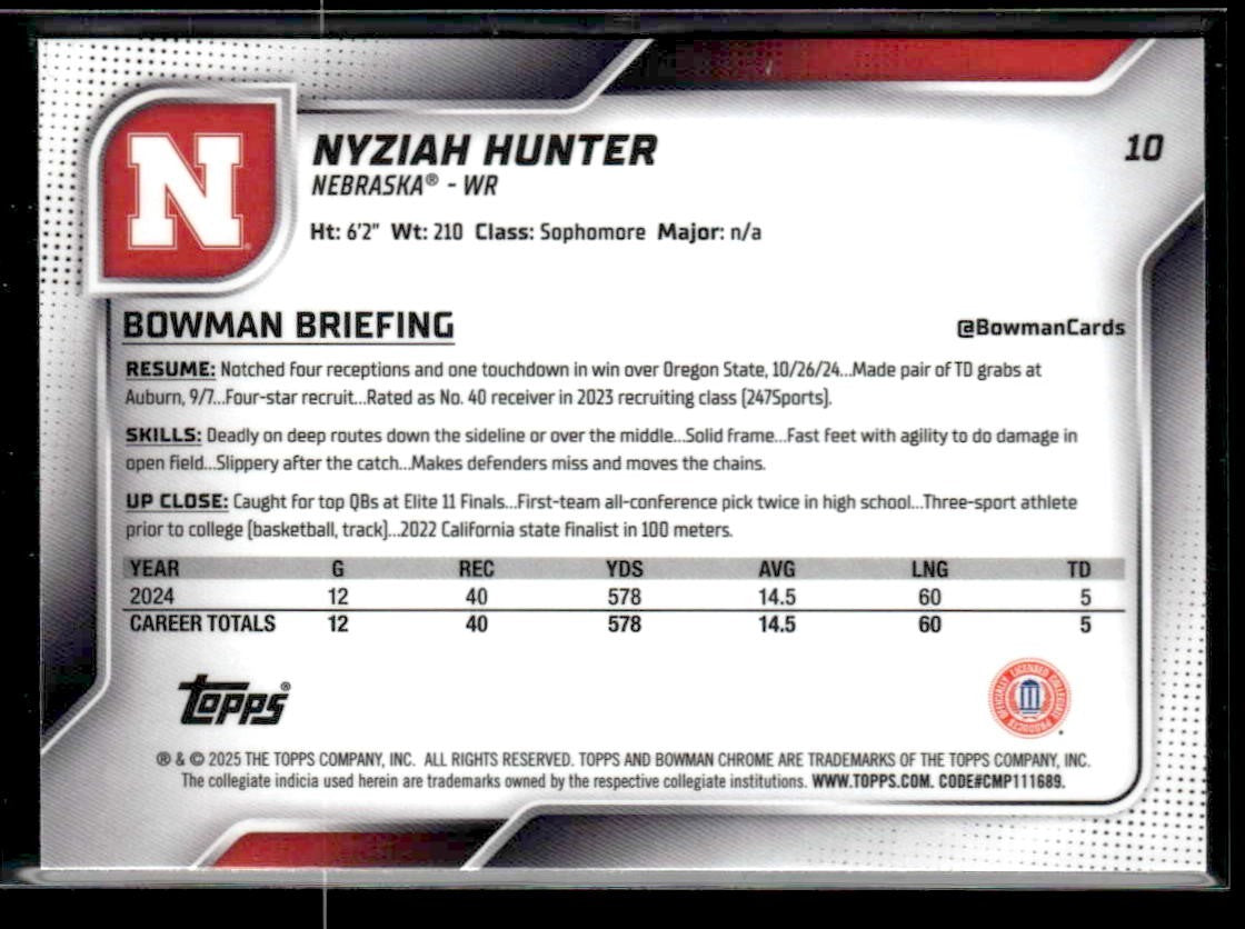 2025 Bowman University Chrome #10 Nyziah Hunter