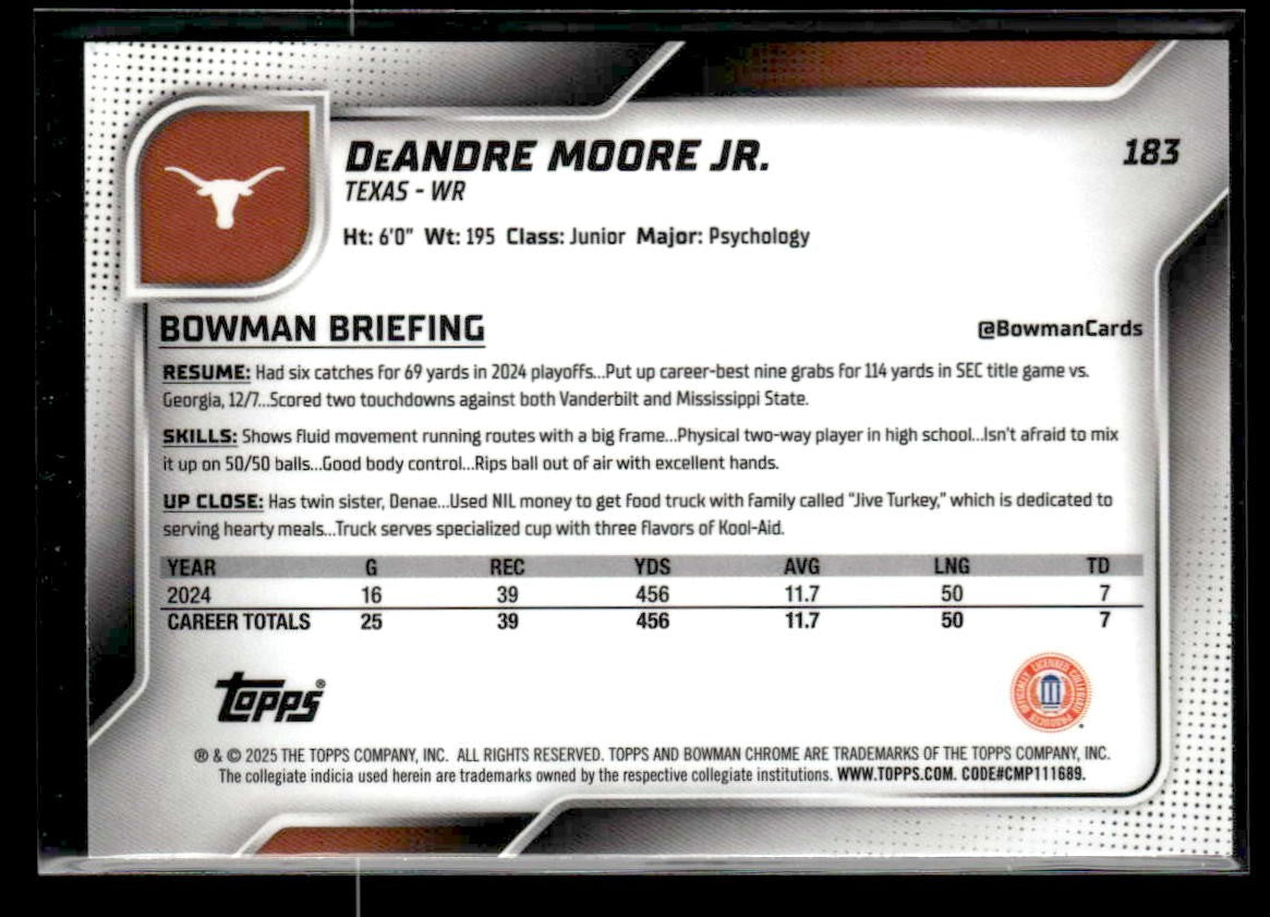 2025 Bowman University Chrome #183 DeAndre Moore Jr.